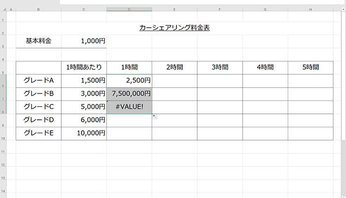 エクセルで料金表作成