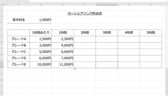 エクセルで料金表作成